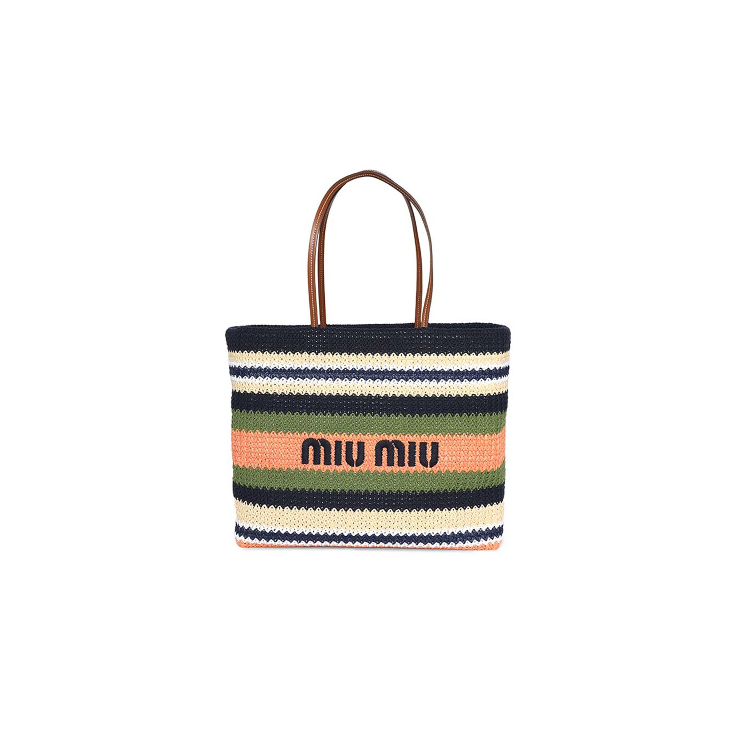 MIU MIU TESSUTO STRIPED WOVEN FABRIC TOTE BAG BLUE AND IVY 5BG228 (40*34*16cm)